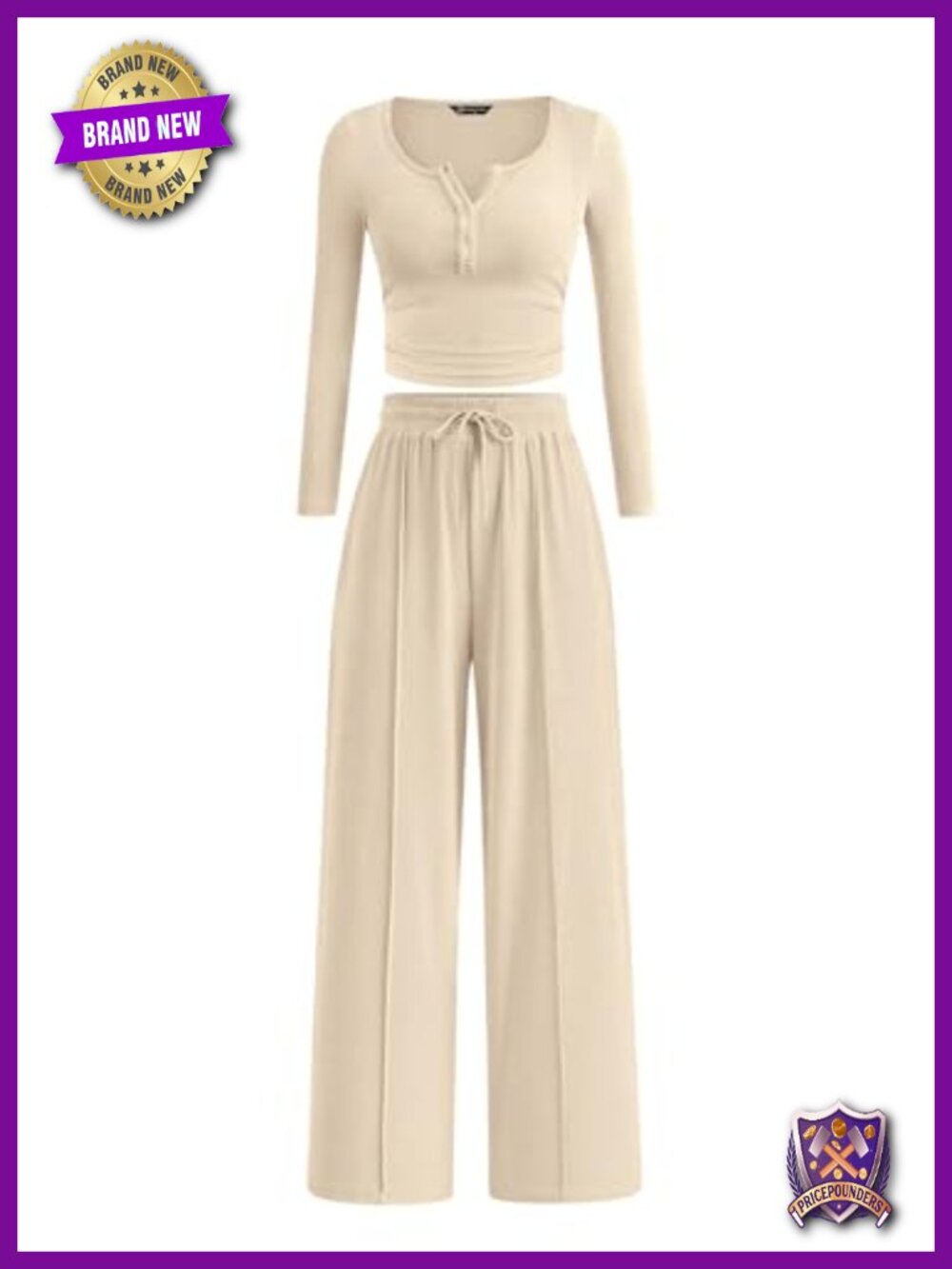 Ribbed Knit 2 Piece Lounge Set Long Sleeve Crop Top Wide Leg Pants